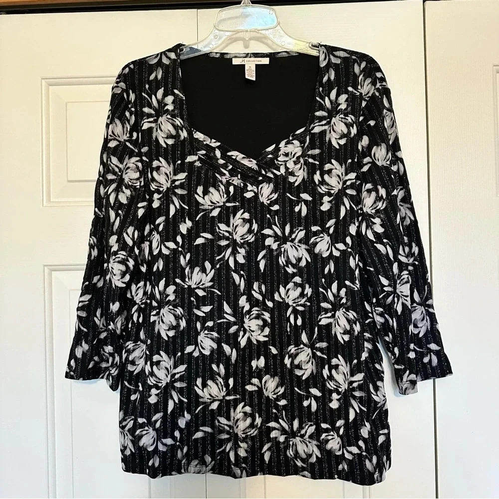 JM Collection Shirt Womens Black White Floral Blouse‎